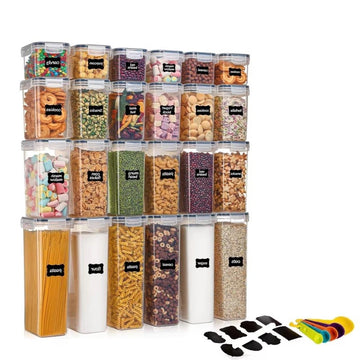 Set complet 24 recipiente din plastic pentru organizarea alimentelor, cu capace etanșe, marker, etichete si linguri dozatoare