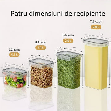 Set complet 24 recipiente din plastic pentru organizarea alimentelor,cu capace etanșe, marker,etichete si linguri dozatoare
