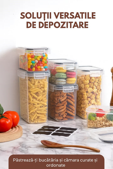 Set complet 24 recipiente din plastic pentru organizarea alimentelor,cu capace etanșe, marker,etichete si linguri dozatoare