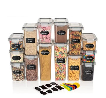 Set complet 14 recipiente din plastic pentru organizarea alimentelor, cu capace etanșe, marker, etichete si linguri dozatoare