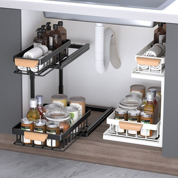 Organizator sub chiuveta telescopic pe 2 niveluri din otel carbon negru cu manere lemn
