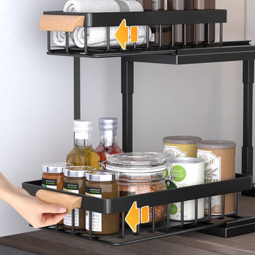 Organizator sub chiuveta telescopic pe 2 niveluri din otel carbon negru cu manere lemn