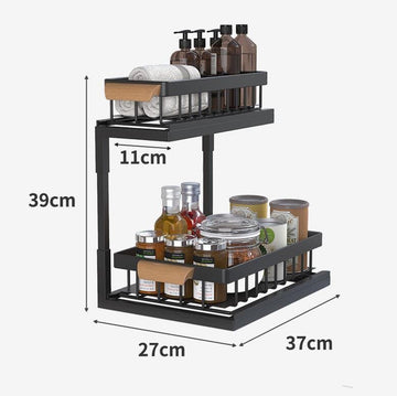 Organizator sub chiuveta telescopic pe 2 niveluri din otel carbon negru cu manere lemn