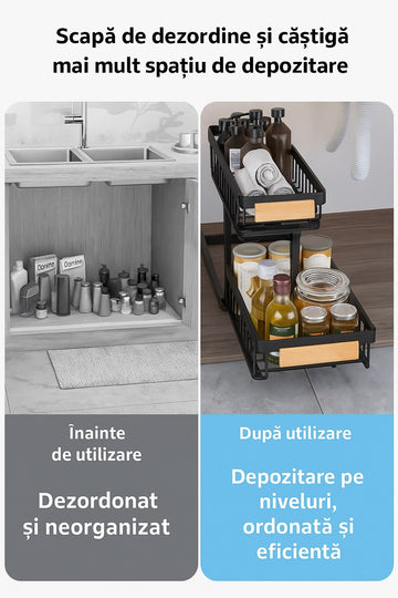 Organizator sub chiuveta telescopic pe 2 niveluri din otel carbon negru cu manere lemn