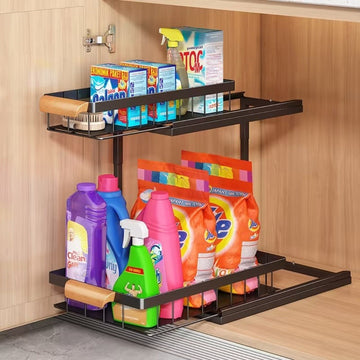 Organizator sub chiuveta telescopic pe 2 niveluri din otel carbon negru cu manere lemn