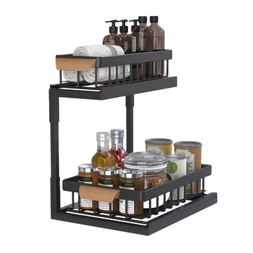 Organizator sub chiuveta telescopic pe 2 niveluri din otel carbon negru cu manere lemn