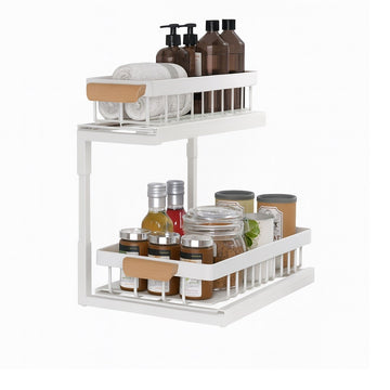 Organizator sub chiuveta telescopic pe 2 niveluri din otel carbon alb cu manere lemn