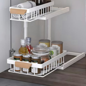 Organizator sub chiuveta telescopic pe 2 niveluri din otel carbon alb cu manere lemn