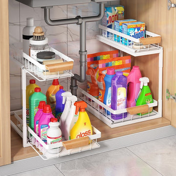 Organizator sub chiuveta telescopic pe 2 niveluri din otel carbon alb cu manere lemn