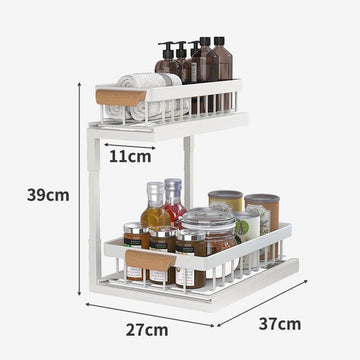 Organizator sub chiuveta telescopic pe 2 niveluri din otel carbon alb cu manere lemn