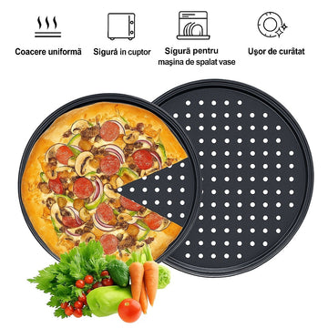 Set 2 tavi rotunde pentru pizza perforate antiarderente din otel carbon de 28cm