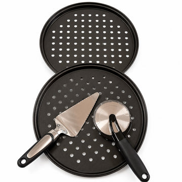 Set complet 4 în 1 pentru pizza cu 2 tăvi perforate, feliator și spatulă pentru servire