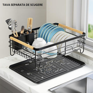 Scurgator de vase metalic negru cu maner din lemn , tava de scurgere si suport pentru tacamuri