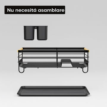 Scurgator de vase metalic negru cu maner din lemn , tava de scurgere si suport pentru tacamuri