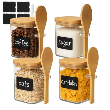Set 4 recipiente 700 ml, pentru condimente, din sticla forma patrata cu capac din lemn de bambus si lingurita