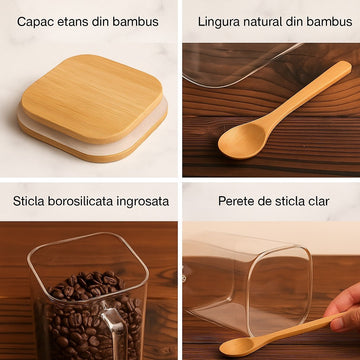 Set 4 recipiente 700 ml ,pentru condimente, din sticla forma patrata cu capac din lemn de bambus si lingurita