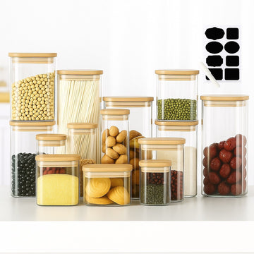 Set 14 recipiente din sticla borosilicata cu capac din bambus forma dreptunghiulara 400ml-2000ml cu etichete