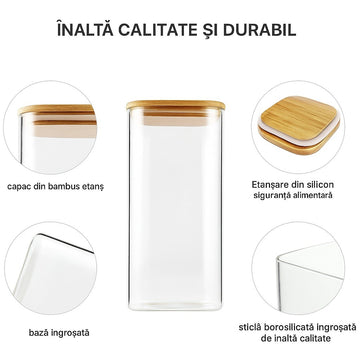 Set 14 recipiente din sticla borosilicata cu capac din bambus forma dreptunghiulara 400ml-2000ml cu etichete