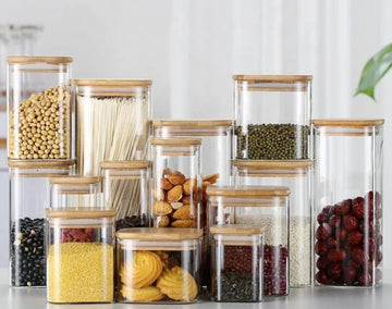 Set 14 recipiente din sticla borosilicata cu capac din bambus forma dreptunghiulara 400ml-2000ml cu etichete