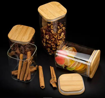 Set 14 recipiente din sticla borosilicata cu capac din bambus forma dreptunghiulara 400ml-2000ml cu etichete