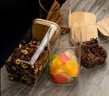 Set 14 recipiente din sticla borosilicata cu capac din bambus forma dreptunghiulara 400ml-2000ml cu etichete