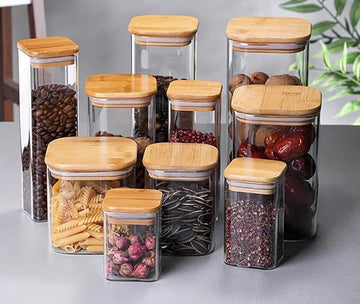 Set 14 recipiente din sticla borosilicata cu capac din bambus forma dreptunghiulara 400ml-2000ml cu etichete