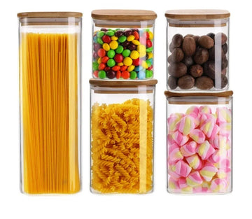 Set 14 recipiente din sticla borosilicata cu capac din bambus forma dreptunghiulara 400ml-2000ml cu etichete