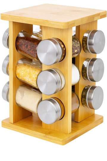 Organizator condimente rotativ din lemn de bambus cu 12 recipiente din sticla cu capac din inox