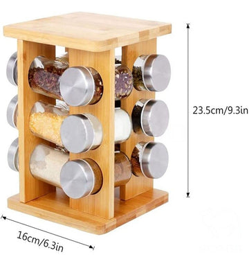 Organizator condimente rotativ din lemn de bambus cu 12 recipiente din sticla cu capac din inox