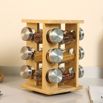 Organizator condimente rotativ din lemn de bambus cu 12 recipiente din sticla cu capac din inox