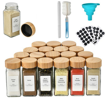 Set 12 recipiente condimente din sticla 120ml cu capac din lemn de bambus, palnie, periute, etichete