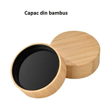 Set 12 recipiente condimente din sticla 120ml cu capac din lemn de bambus, palnie, periute, etichete