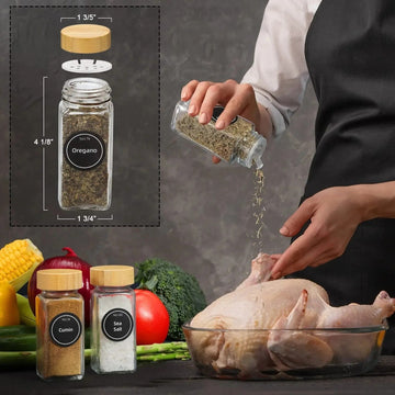 Set 12 recipiente condimente din sticla 120ml cu capac din lemn de bambus , palnie, periute , etichete