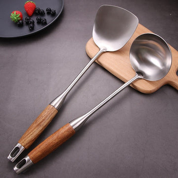 Set 6 ustensile de bucatarie din Inox 304 si Lemn cu finisaj argintiu periat mat
