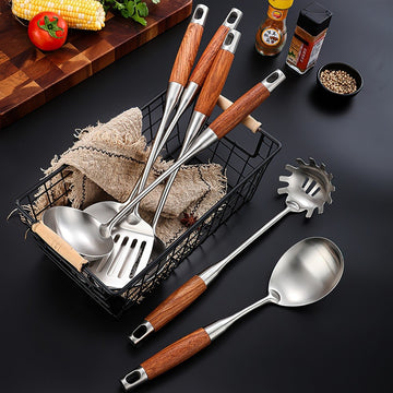Set 6 ustensile de bucatarie din Inox 304 si Lemn cu finisaj argintiu periat mat