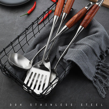 Set 6 ustensile de bucatarie din Inox 304 si Lemn cu finisaj argintiu periat mat