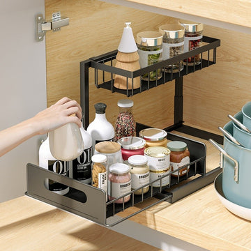 Organizator sub chiuveta telescopic pe 2 niveluri din otel carbon negru