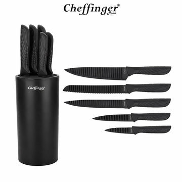 Set complet 5 cutite de bucatarie din otel inoxidabil negru cu suport Cheffinger