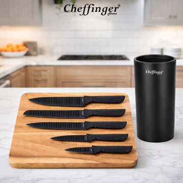 Set complet 5 cutite de bucatarie din otel inoxidabil negru cu suport Cheffinger