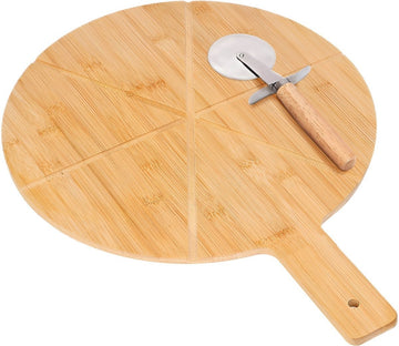 Set servire pizza, 2 piese cu platou din lemn de bambus si feliator