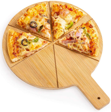 Set servire pizza, 2 piese cu platou din lemn de bambus si feliator