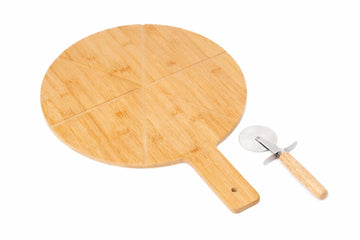 Set servire pizza, 2 piese cu platou din lemn de bambus si feliator