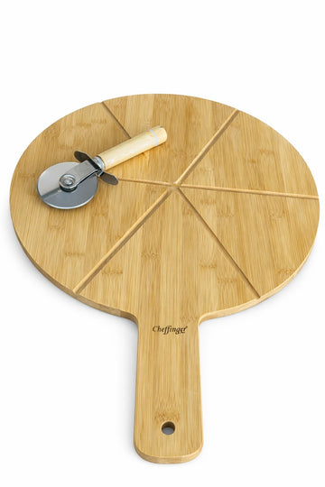 Set servire pizza, 2 piese cu platou din lemn de bambus si feliator