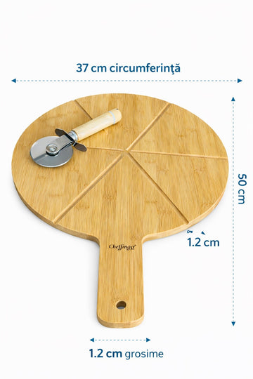 Set servire pizza, 2 piese cu platou din lemn de bambus si feliator