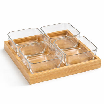 Set servire 5 piese cu suport din lemn de bambus si boluri din sticla