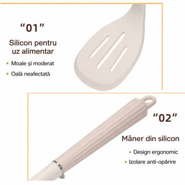 Set 8 ustensile de bucatarie din silicon culoare crem cu maner antiaderent