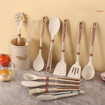 Set 11 ustensile de bucatarie din silicon si suport depozitare crem marmorat si accente bronze