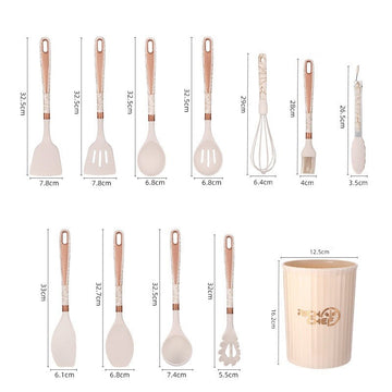 Set 11 ustensile de bucatarie din silicon si suport depozitare crem marmorat si accente bronze