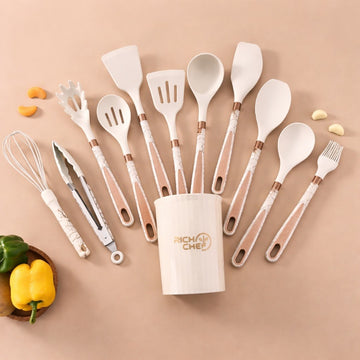 Set 11 ustensile de bucatarie din silicon si suport depozitare crem marmorat si accente bronze