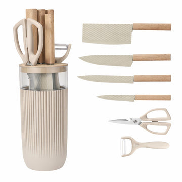 Set 7 piese bucatarie cu 4 cutite, foarfeca, curatator si suport organizator crem striat